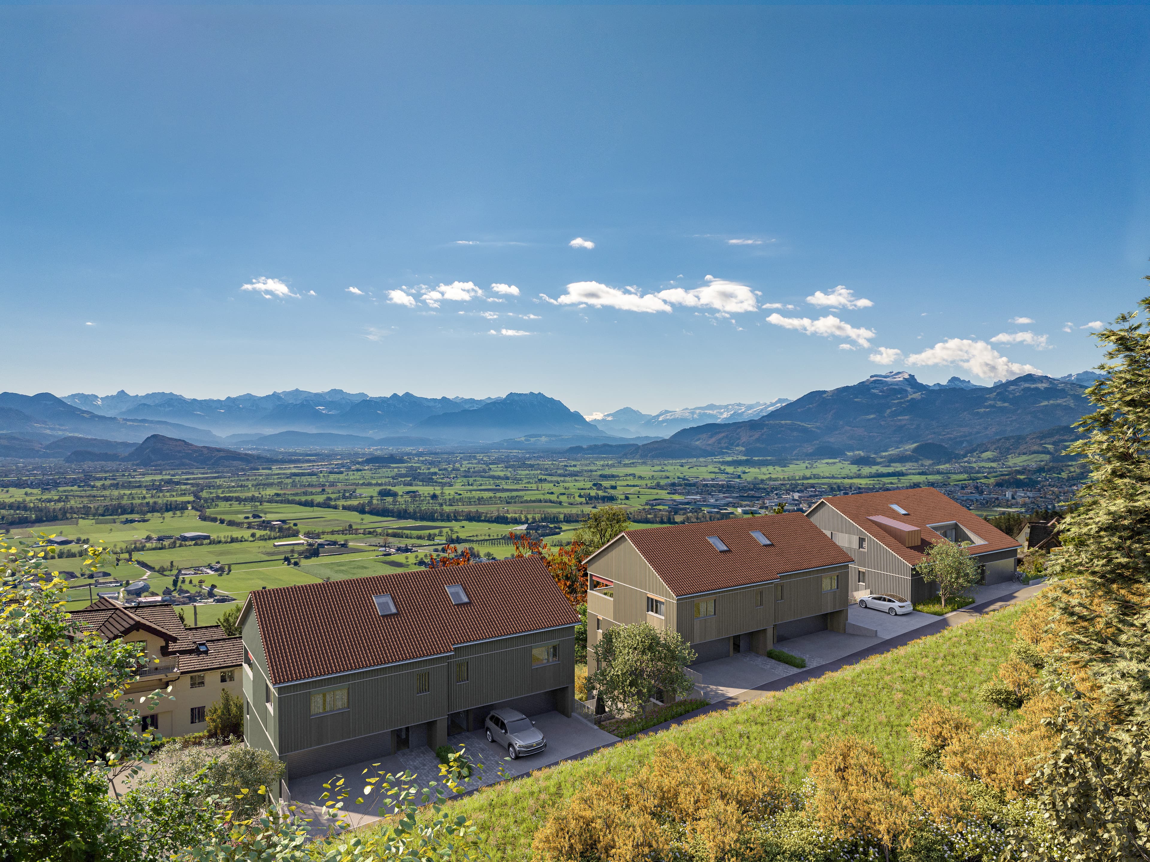 Visualisierung der Überbauung Solea aus der Vogelperspektive mit Aussicht ins Rheintal