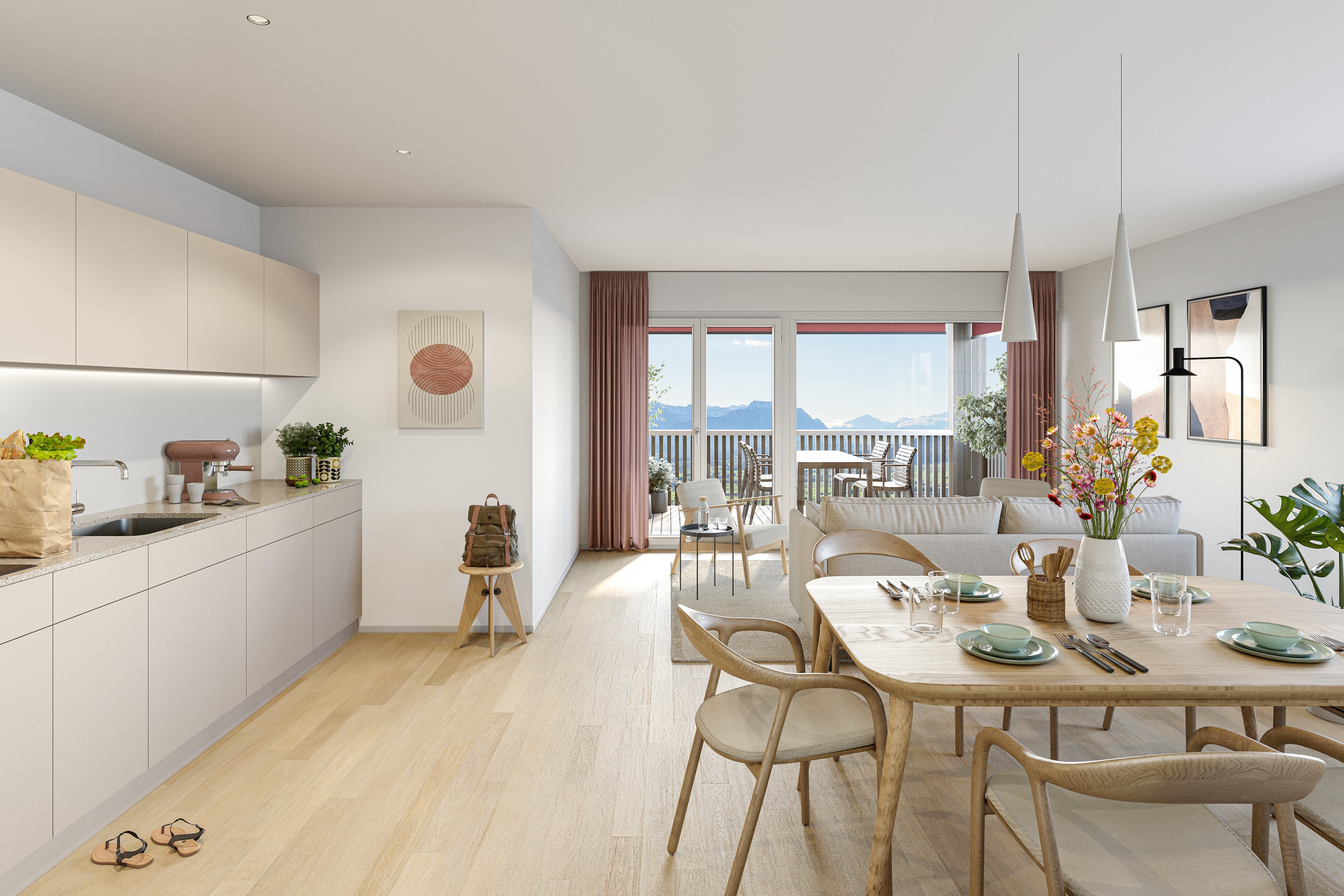 Visualisierung des Wohn- und Essbereichs mit Aussicht in Wohnung 2