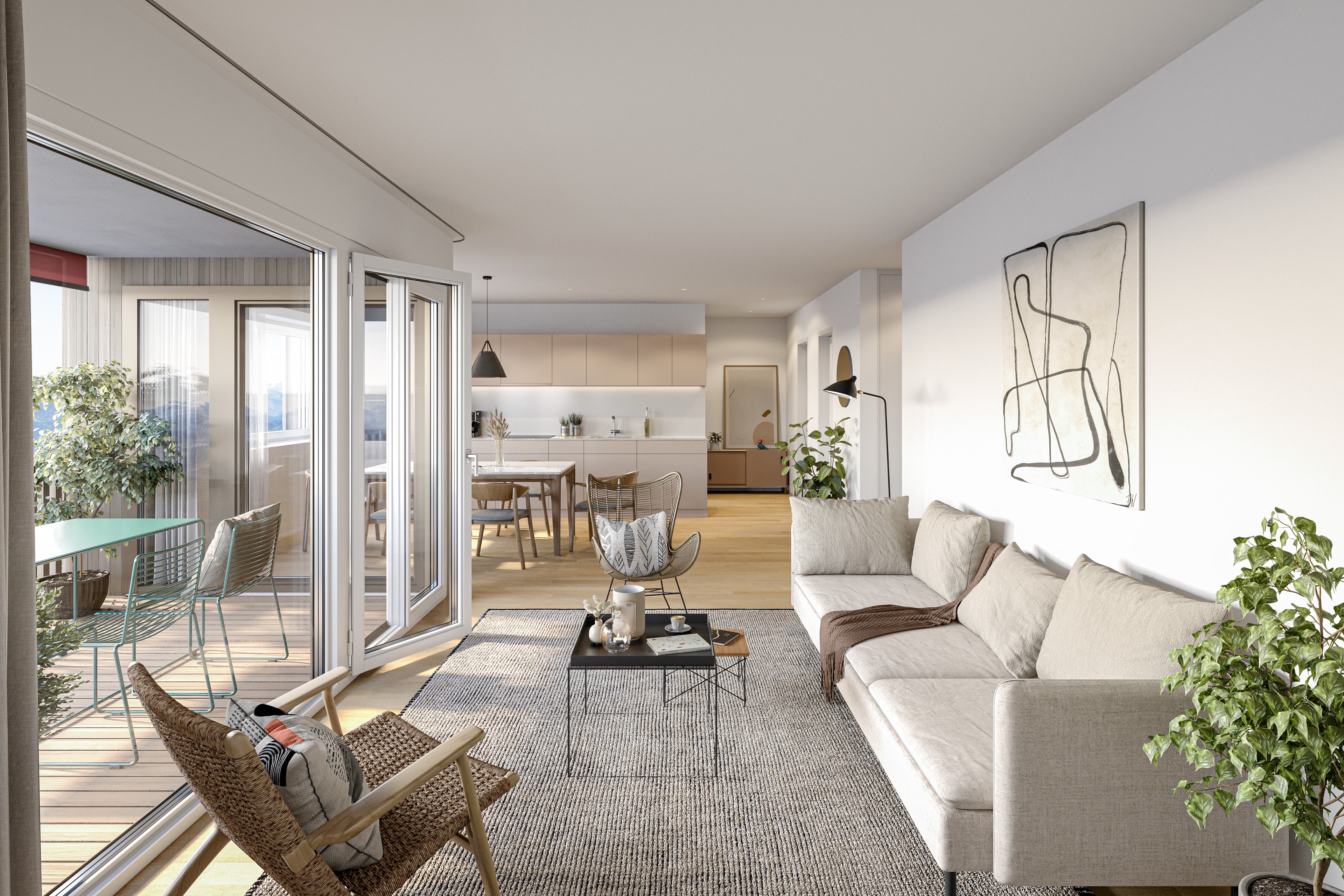 Visualisierung des Wohn- und Essbereichs mit Loggia in Wohnung 3