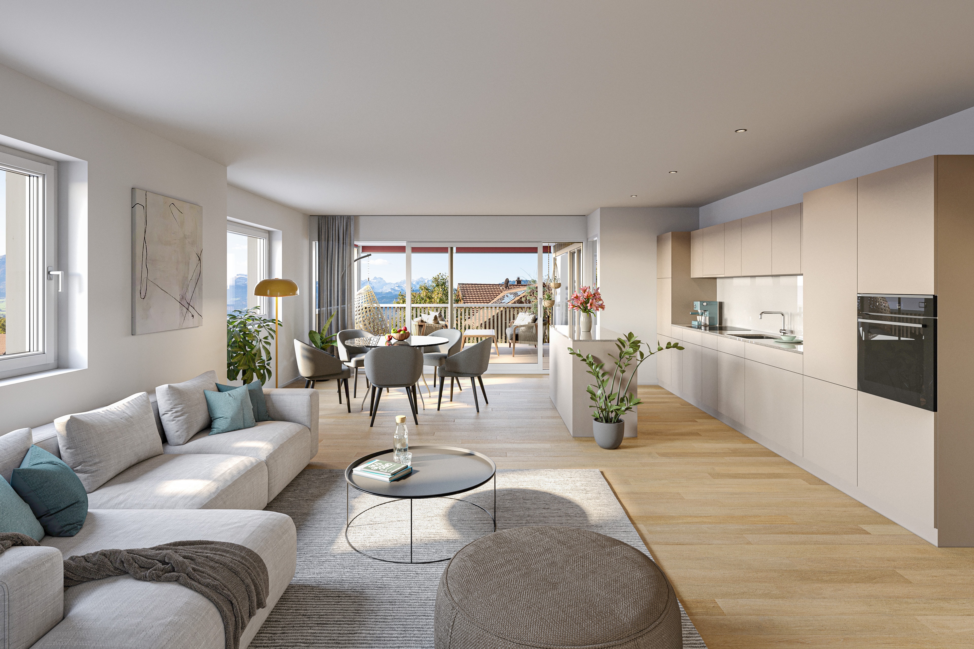 Visualisierung des Wohn- und Essbereichs mit Loggia und Aussicht in Wohnung 1